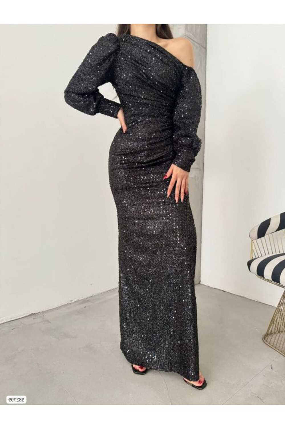 Masspera Off Shoulder Long Sleeve Slit Sequin Sequin Maxi Length ...