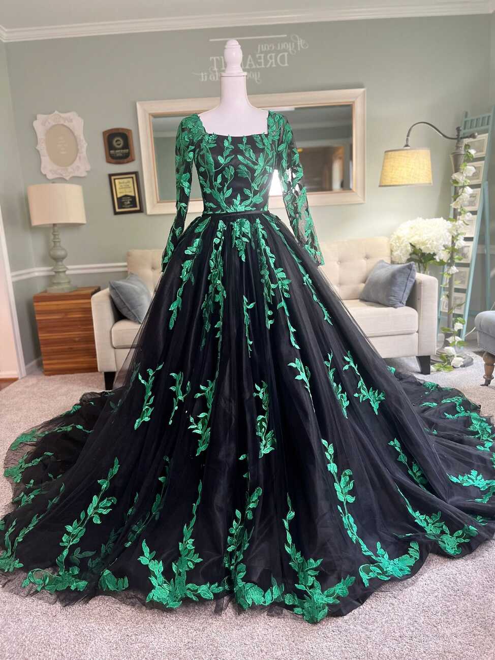 Mathariel Wedding Dress | Forest-Themed Black &amp; Green Gown