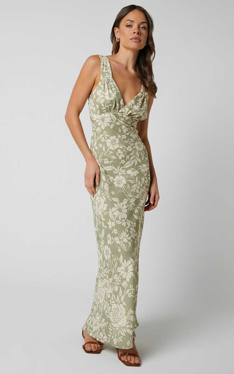 Mauriel Midi Dress - Deep V Gathered Bust Slip Dress in Green ...