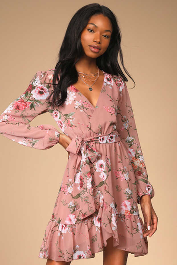 Mauve Floral Dress - Long Sleeve Mini Dress - Faux-Wrap Dress - Lulus