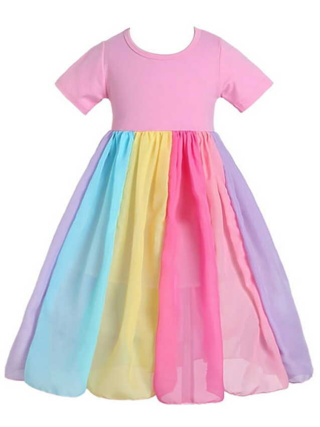 Maxcozy Kids Girl Maxi Dress Rainbow Short Sleeve Dresses 0-6 ...