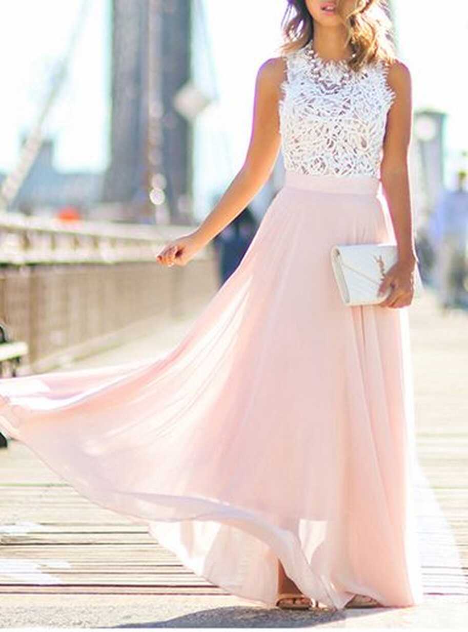 Maxi Dress - White Lace Top / Pink Skirt / Sleeveless