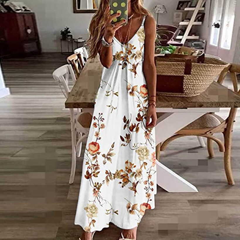 Maxi Dress For Women Summer Casual Sleeveless V Neck Long Flower ...