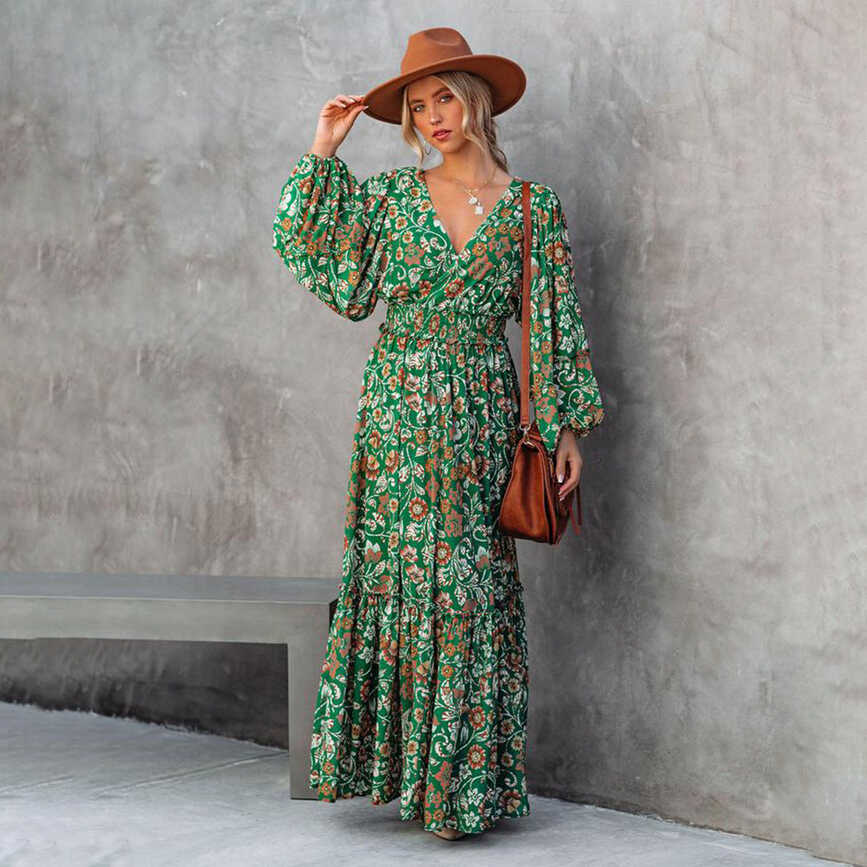 Maxi Floral Green Boho Dress | Bohemian, Country &amp; Vintage Style