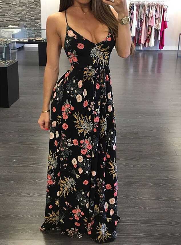 Maxi Floral Printed Dress - Spaghetti Strap / Sleeveless