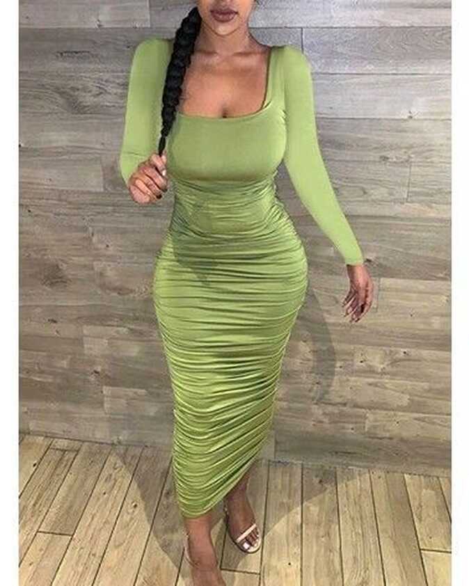 Maxi Length Tight Fit Square Neckline Long Sleeve Dress - Scrunch ...