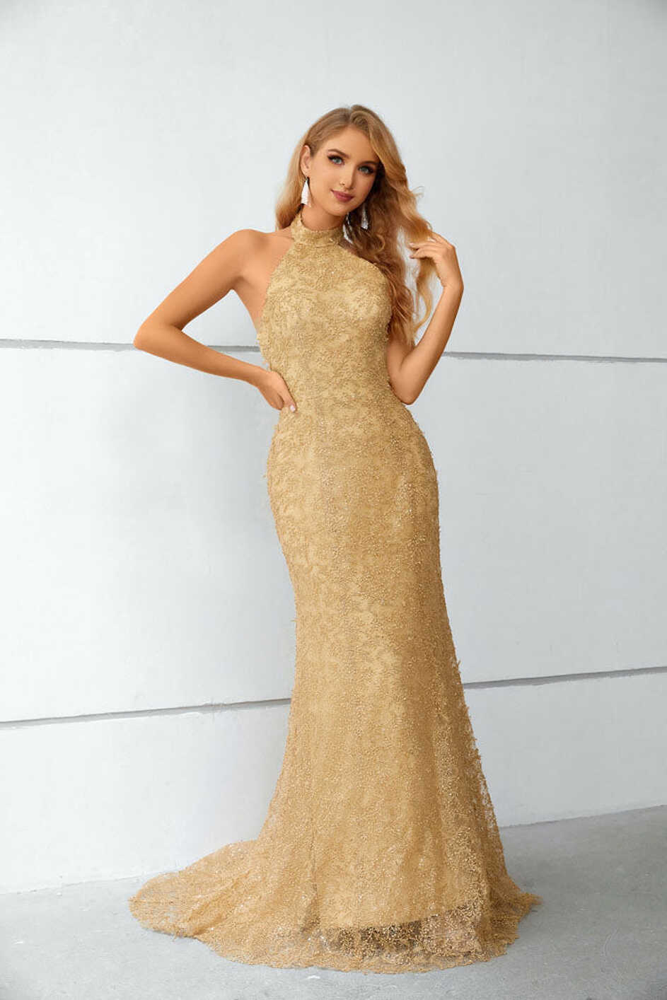 Maxi Long Gold Lace Halter Formal Prom Evening Dress EN5612