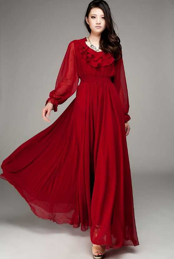 Maxi-length-long-sleeves-big-flare-dress-cranberry-red-dresses-p ...