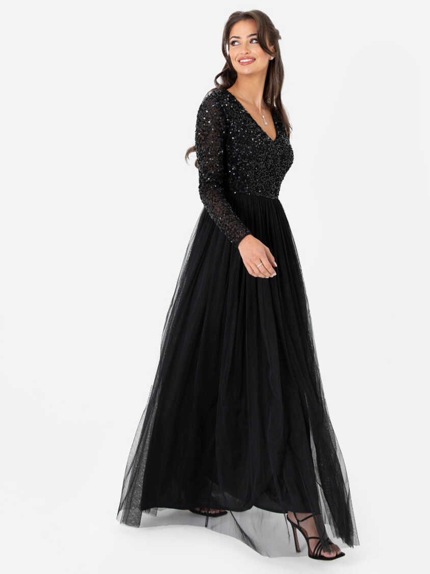 Maya Black V Neck Embellished Long Sleeve Maxi Dress