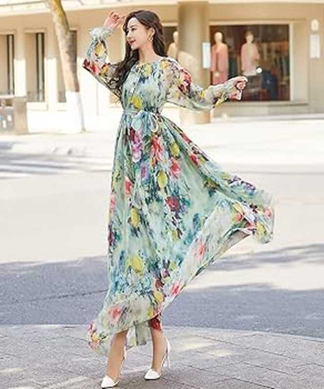 MedeShe Floral Chiffon Tie-On Waist Maxi Long Dress Bohemia Loose ...