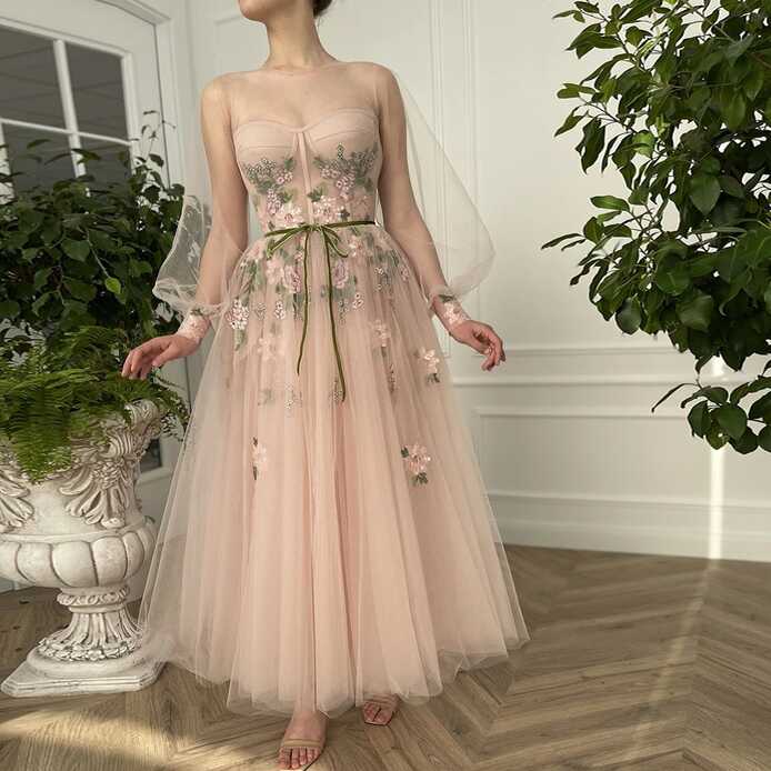 Meilani Light Pink A Line Long Sleeve Tulle Prom Dress with ...