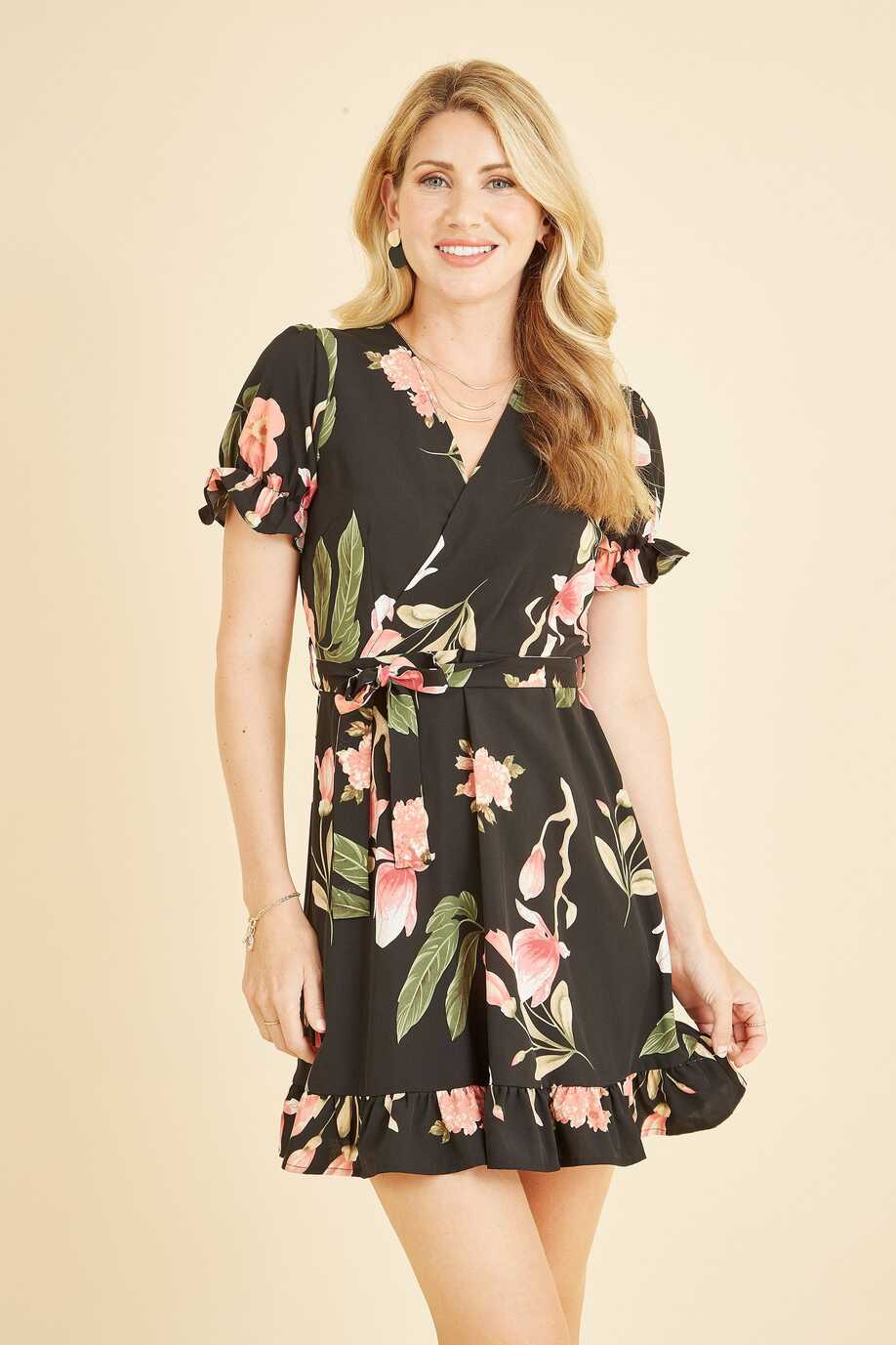 Mela Black Floral Wrap Over Dipped Hem Midi Dress | Mela