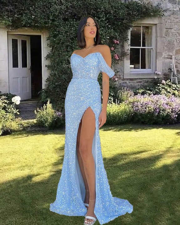 Mermaid Baby Blue Prom Dresses ,Sparkly Split Evening Dress ...