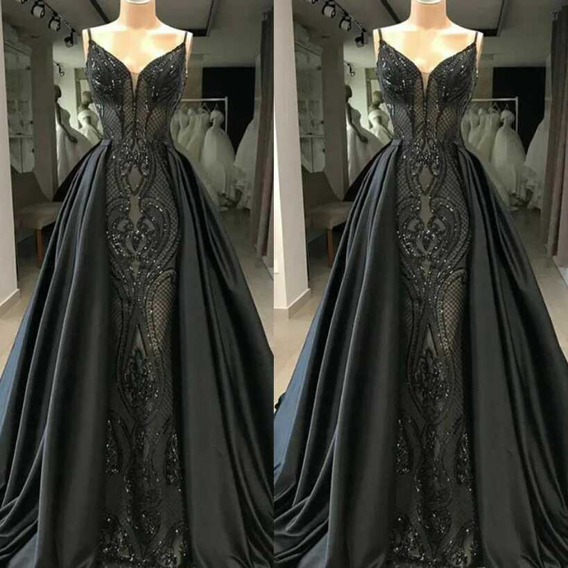 Mermaid Black Prom Dresses Gothic Sequined Formal Detachable Train ...