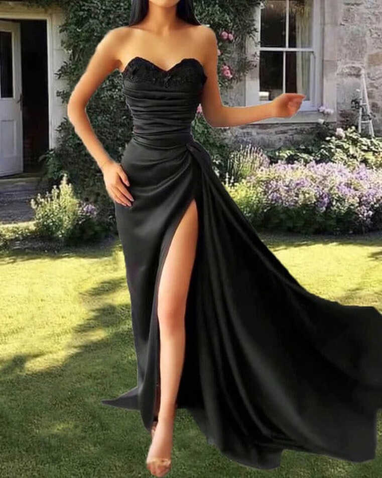 Mermaid Black Prom Dresses Satin Split Evening Dress,BD93053 ...