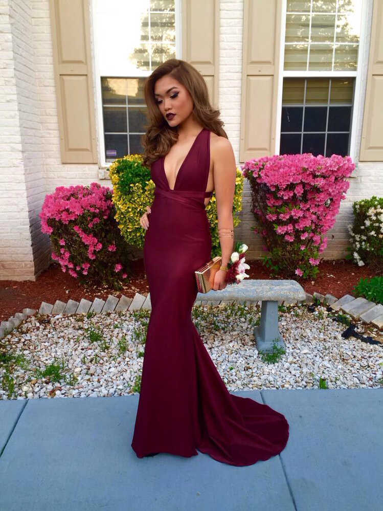 Mermaid Burgundy Sexy Deep V neck Bodycon Evening Dress Backless ...