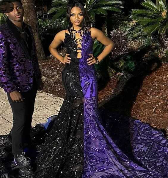 Mermaid Glitter Prom Dress: Elegant Black &amp; Purple Sequined ...