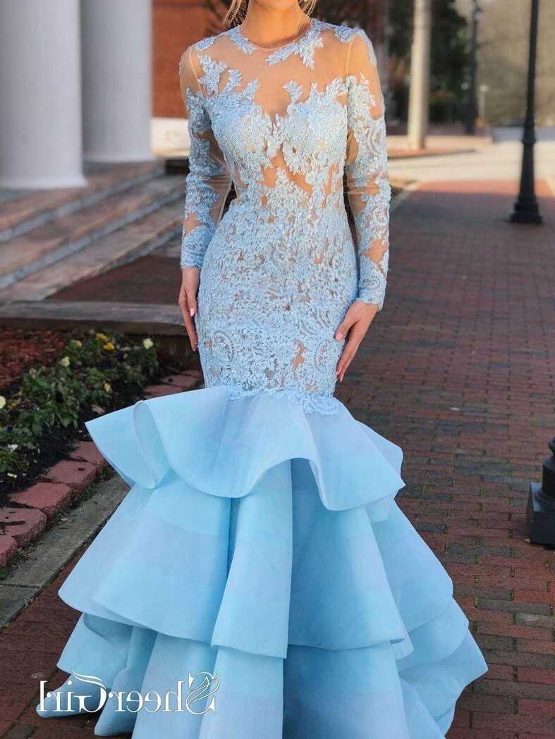 Mermaid Lace Prom Dresses Blue Long Sleeve Formal Dress|Sheergirl ...