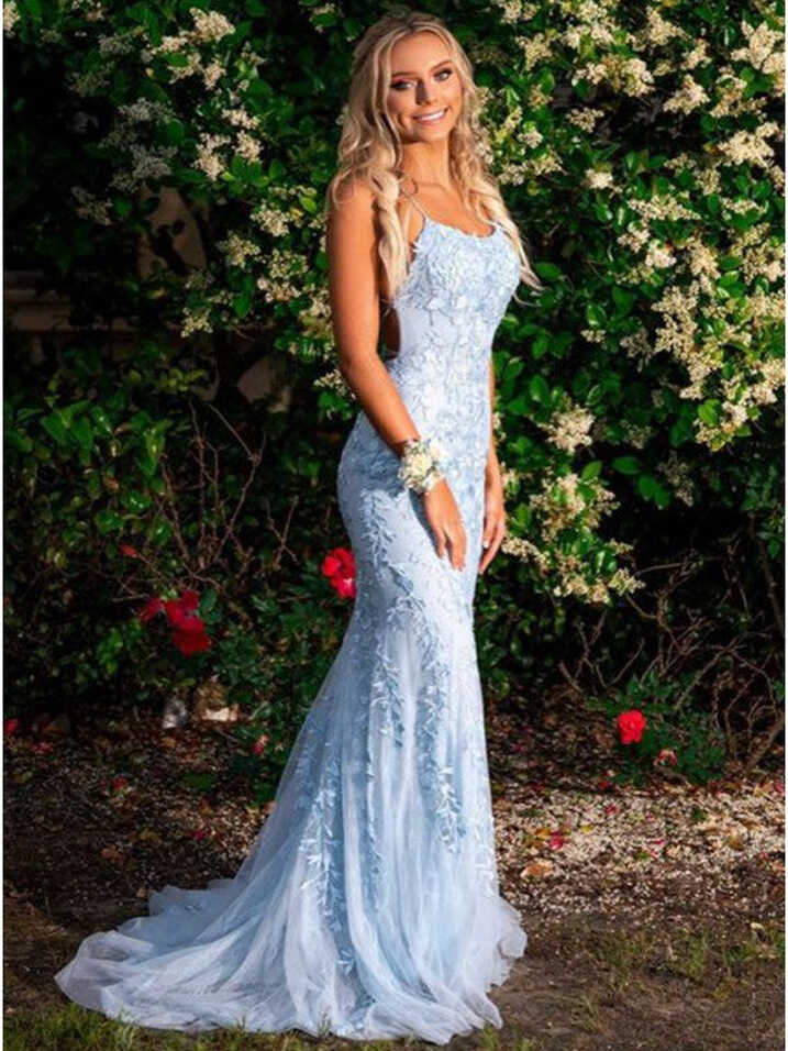 Mermaid Long Lace Light Blue Prom Dresses Spaghetti Straps ...