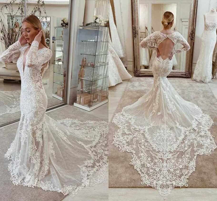 Mermaid Long Sleeve Wedding Dresses with Court Train Sexy Backless ...