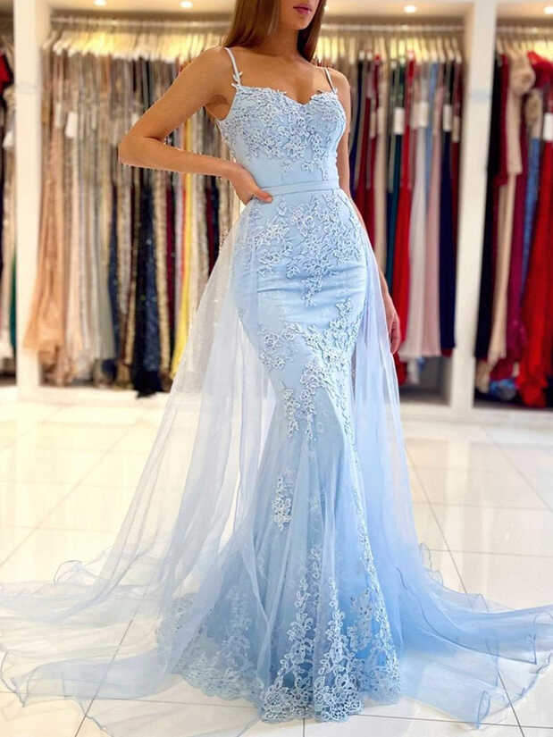 Mermaid Open Back Light Blue Lace Long Prom Wedding Dresses ...