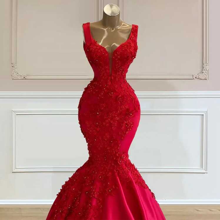 Mermaid Red Red Gown For Wedding With Beading And Flowers ...