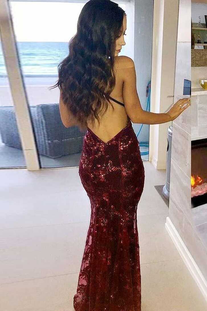 Mermaid Scoop Cross Back Dark Red Prom Dress with Sequined PG609 ...