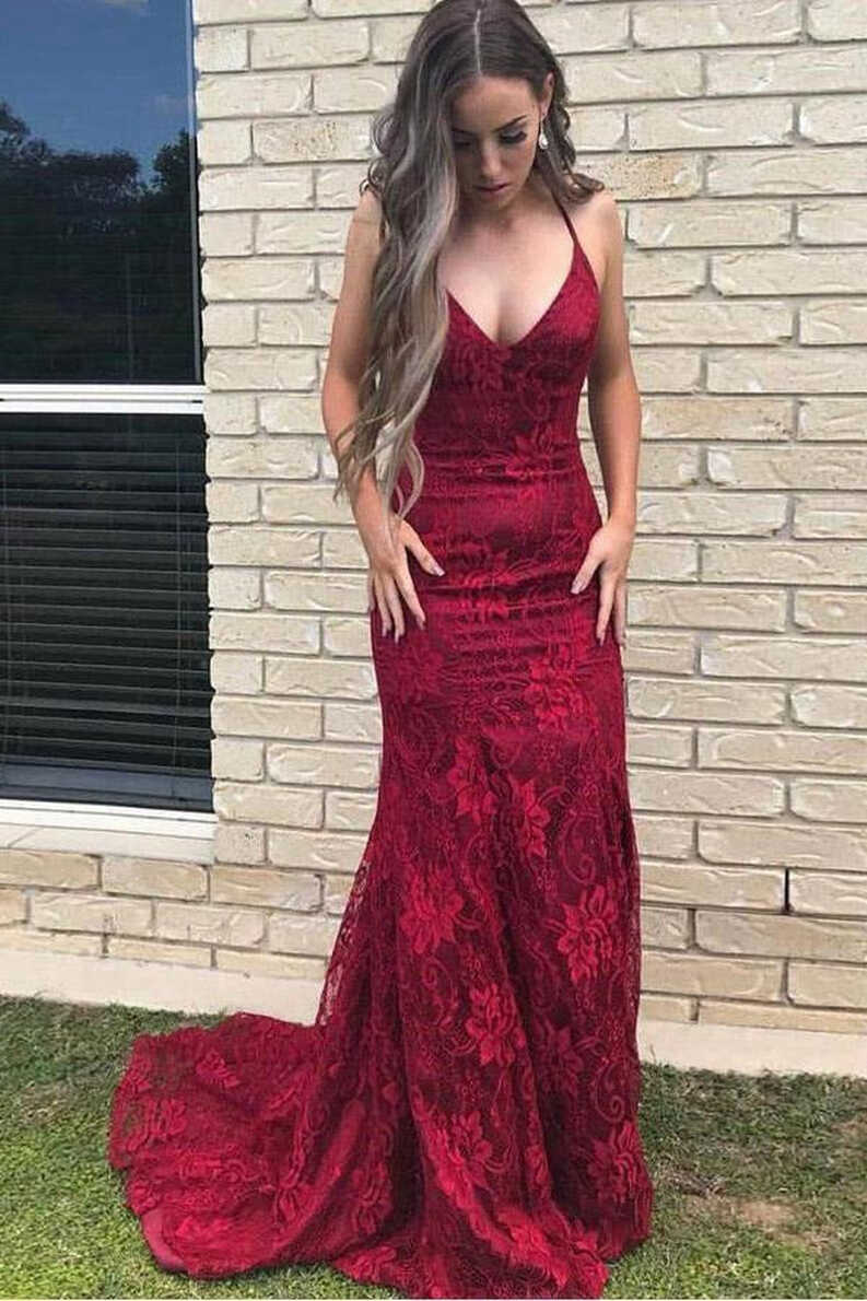 Mermaid Spaghetti Straps Burgundy Lace Prom Dress JTA4701