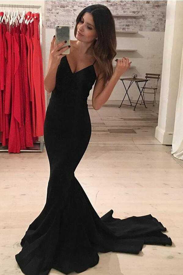 Mermaid Spaghetti Straps Sweep Train Black Satin Prom Dress – Pgmdress