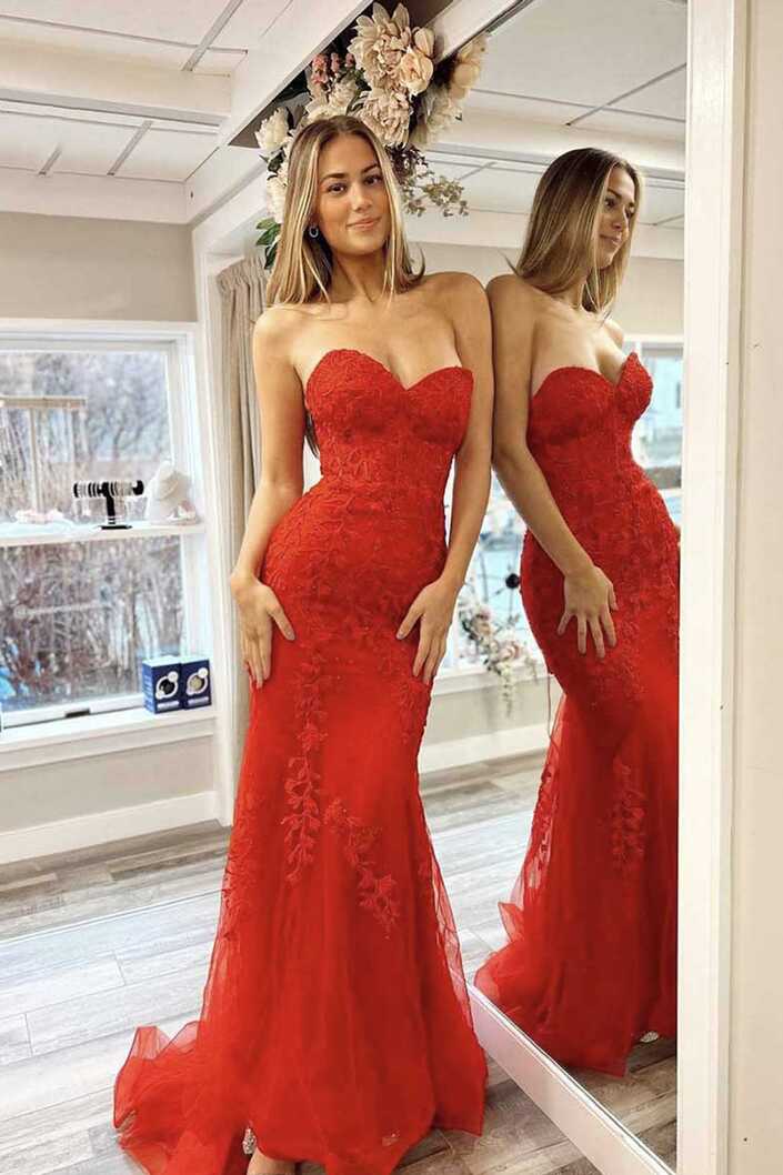 Mermaid Strapless Lace Long Prom Dress, Red Evening Party Dress