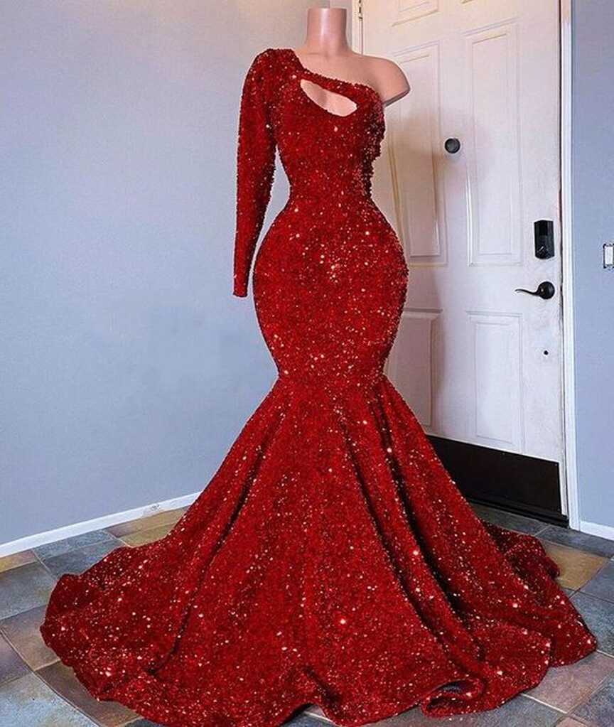 Mermaid/Trumpet Prom Dress 2023 Red One-Shoulder Long Sleeves ...