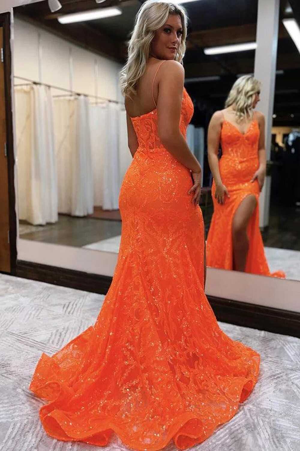 Mermaid V Neck Glitter Slit Orange Split Prom Evening Dress PSK416 ...