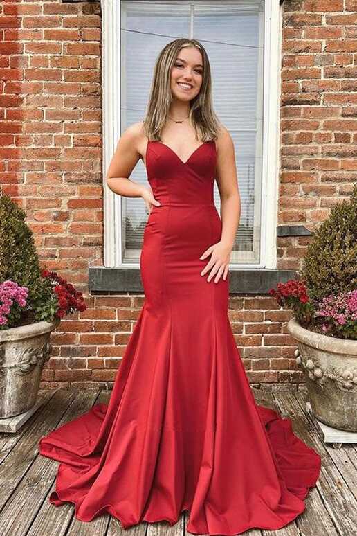 Mermaid V Neck Red Satin Long Prom Formal Dresses with Bow TP1083 ...