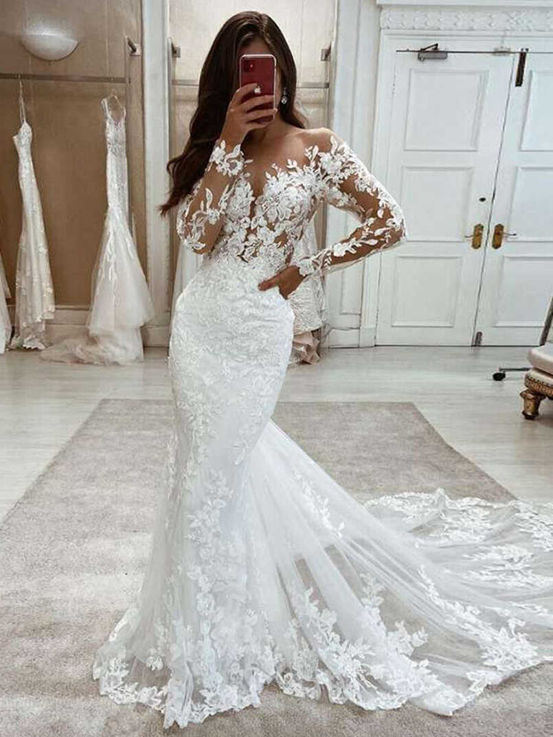 Mermaid Vintage Wedding Dresses Long Sleeves Lace Appliques V-Neck ...