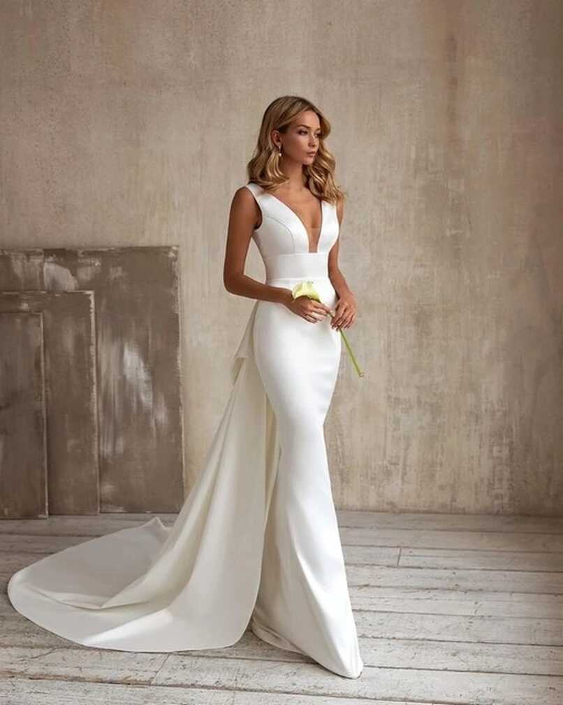 Mermaid Wedding Dress 2024 Detachable Train Bow V-Neck Elegant ...