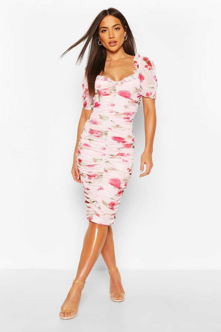 Mesh Floral Long Sleeve Ruched Midi Dress | boohoo NZ