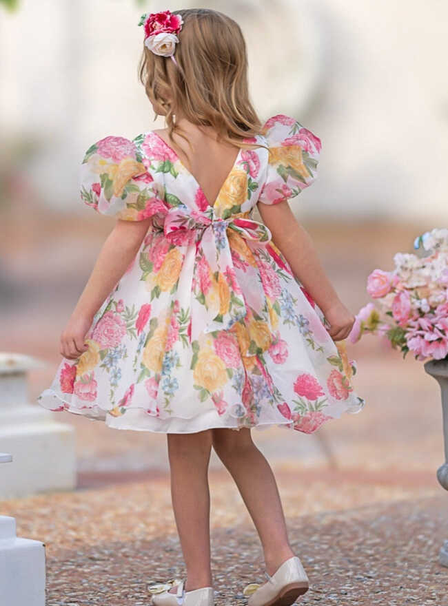 Mia Belle Girls Puff Sleeve Floral Dress | Girls Spring Dresses