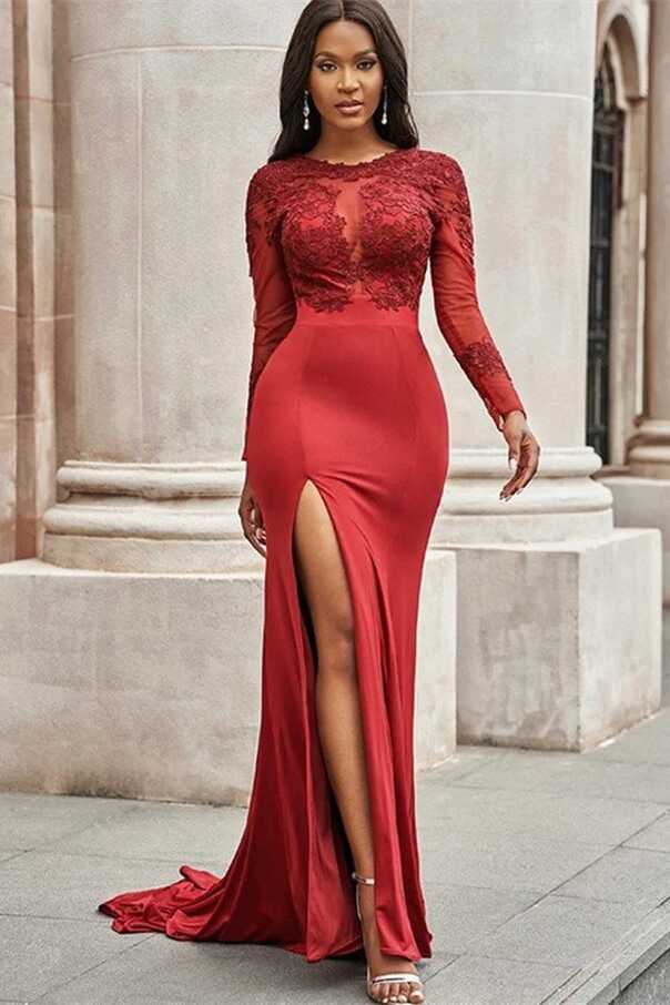 Miabel Red Mermaid Long Sleeves Prom Dress With Slit