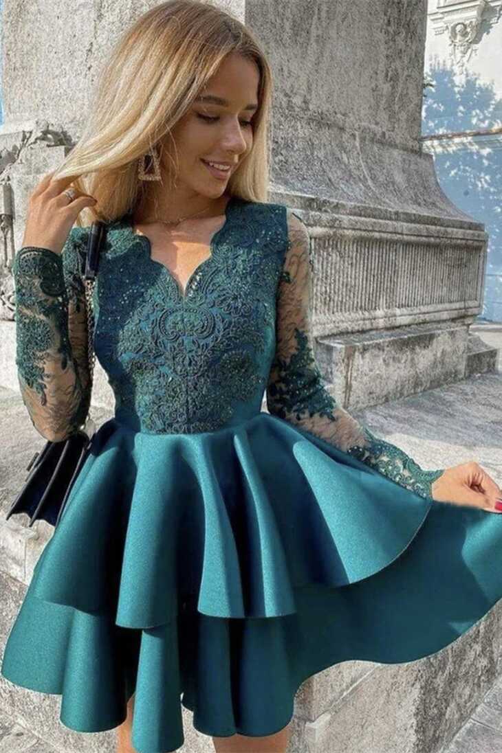 Miabel Short Prom Dress With Appliques Long Sleeves