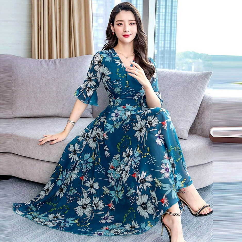 Miayilima Blue L Casual Dresses for Women Floral Sleeve Dress Long ...