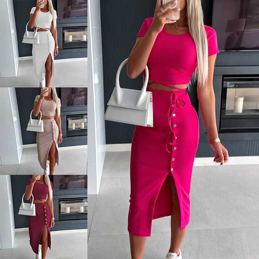 Midi Skirt Outfits Leisure Suit Solid Two Piece Set Crop Top ...