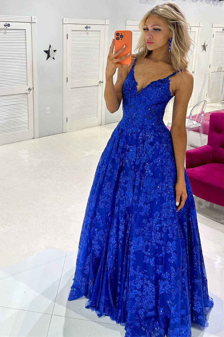 Mikaela | Royal Blue Sequin Lace V-Neck A-Line Long Prom Dress ...