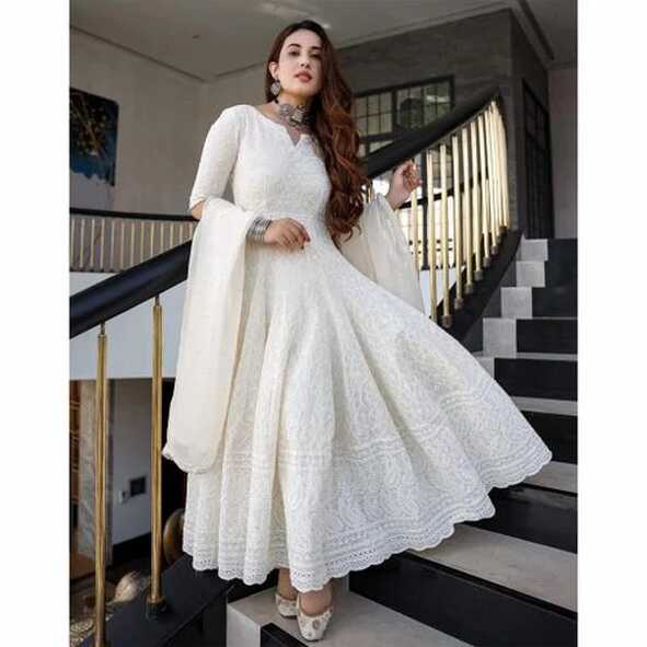 Milky White Designer Indian Anarkali Gown In Beautiful Chikan Kari ...