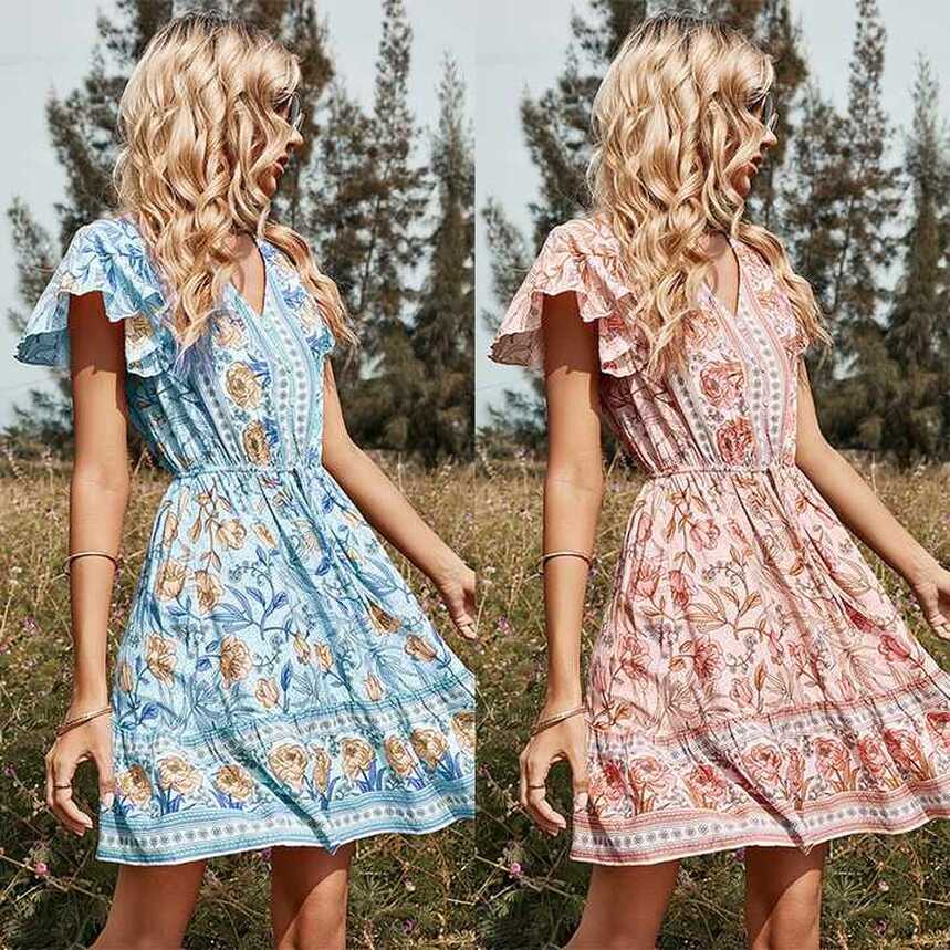 Mini Dress Summer Casual High Waist Bohemian Boho Dress Summer ...