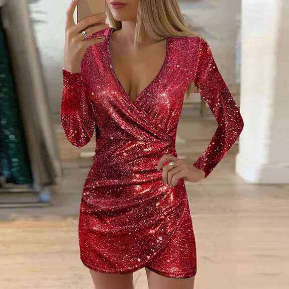 Mini Dress Women&#39;s Sexy Tight Short Glitter Dress Plain Elegant V ...