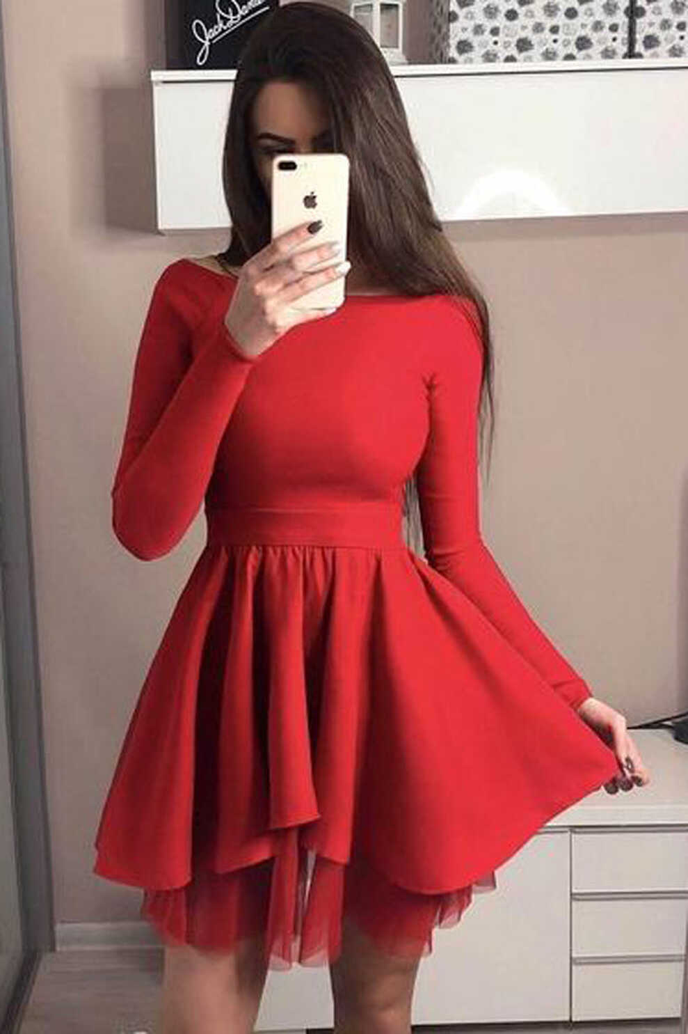 Mini Short Red Prom Dress Long Sleeve Black Homecoming Dresses ...