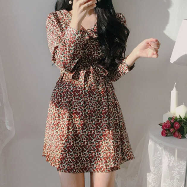 Mini a Line Floral Dress Chiffon Vintage Korean Long Sleeve ...