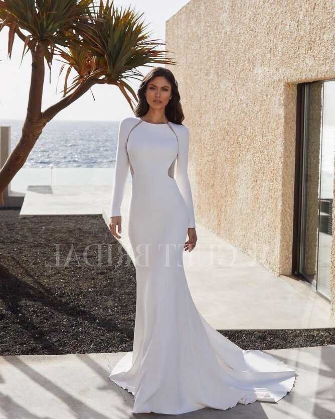 Minimalist Satin Long Sleeve Wedding Dress-mermaid Boat Neck ...