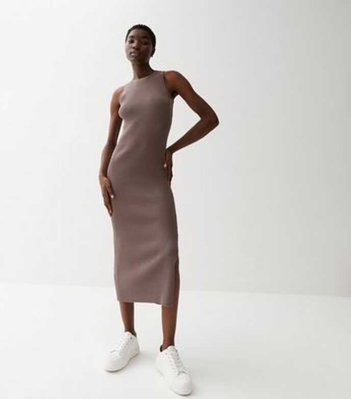 Mink Ribbed Knit Sleeveless Midi Dress | New Look