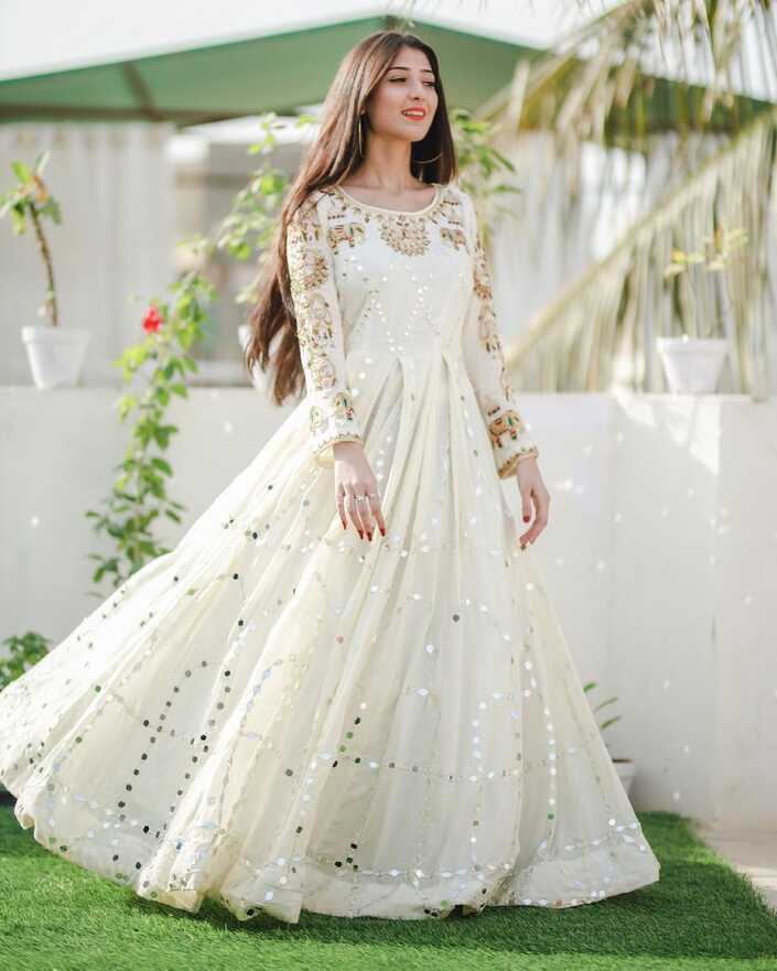 Mirror work long gown designs